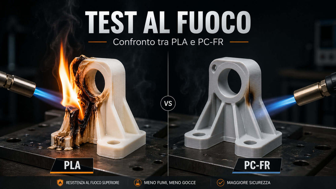 Confronto tecnico tra componente industriale in Policarbonato Ignifugo PC-FR nero e pezzo in PLA giallo fuso dopo test di resistenza al fuoco in laboratorio.