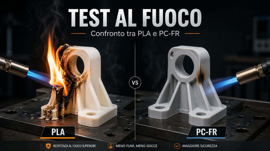 Confronto tecnico tra componente industriale in Policarbonato Ignifugo PC-FR nero e pezzo in PLA giallo fuso dopo test di resistenza al fuoco in laboratorio.