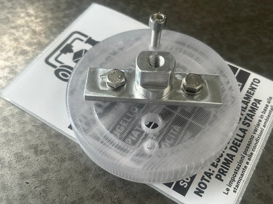 Componente ibrido PETG trasparente 0.8 mm assemblato con supporto alluminio CNC S.T.M. e filettature
