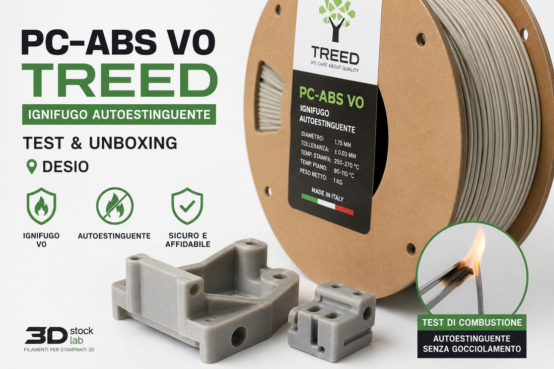 Bobina PC-ABS V0 TreeD Filaments ignifugo autoestinguente con test di combustione e pezzi stampati in 3D presso 3DStockLab Desio