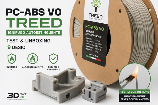 Bobina PC-ABS V0 TreeD Filaments ignifugo autoestinguente con test di combustione e pezzi stampati in 3D presso 3DStockLab Desio