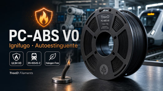 Bobina di filamento PC-ABS V0 TreeD Filaments F.R.A.N.C. VO-TEMP ignifugo e autoestinguente per stampa 3D industriale vicino a un componente elettrico, testato nei laboratori 3DStockLab a Desio, vicino a Monza.