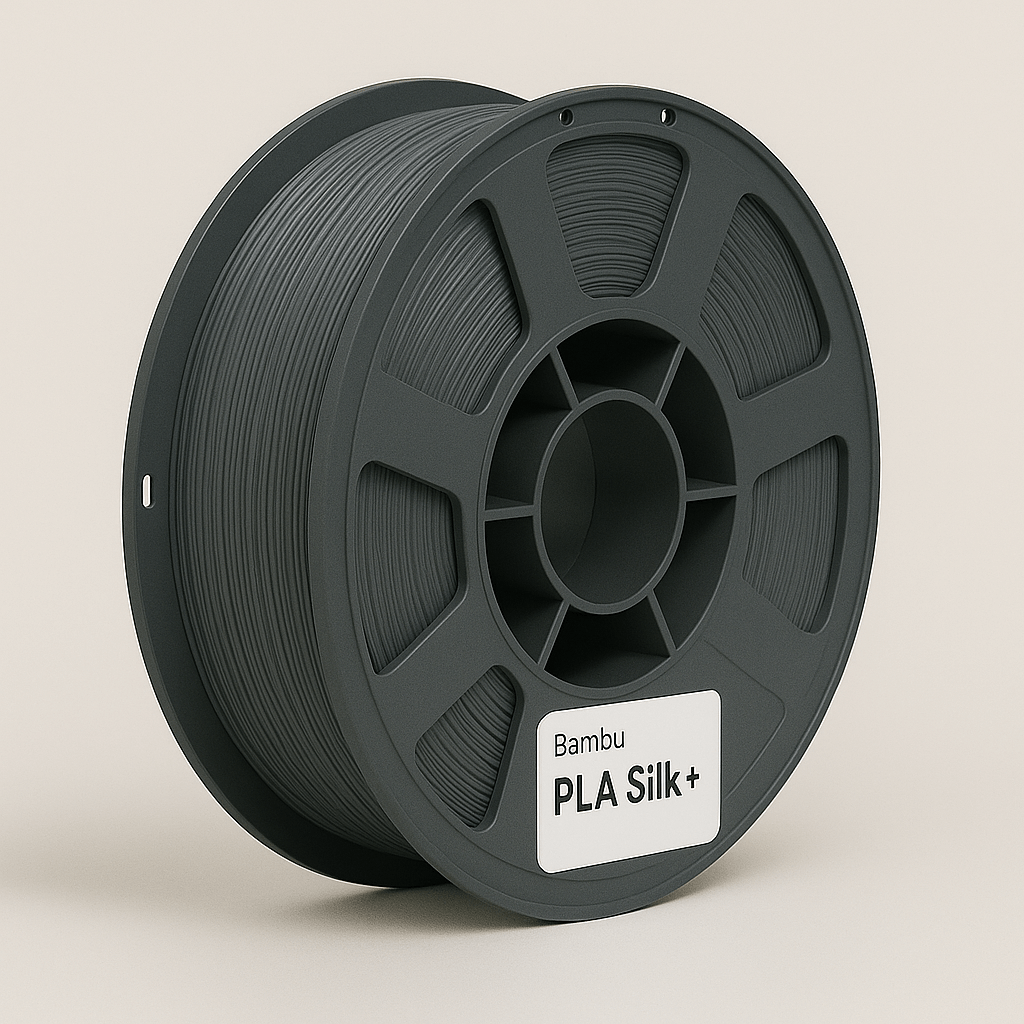 Bobina Bambu Lab PLA Silk+ Grigio Titanio 1 kg per stampa 3D con finitura lucida e dettagli precisi