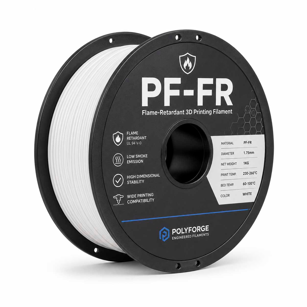 Filamento PF-FR bianco per stampa 3D, bobina di materiale ignifugo resistente al calore
