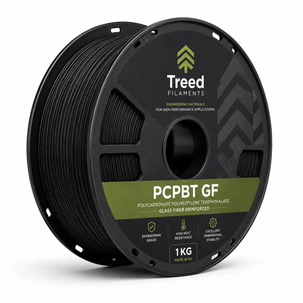 Bobina filamento PCPBT GF TreeD da 1.75mm su banco d'officina metalmeccanica con calibro centesimale per stampa 3D B2B