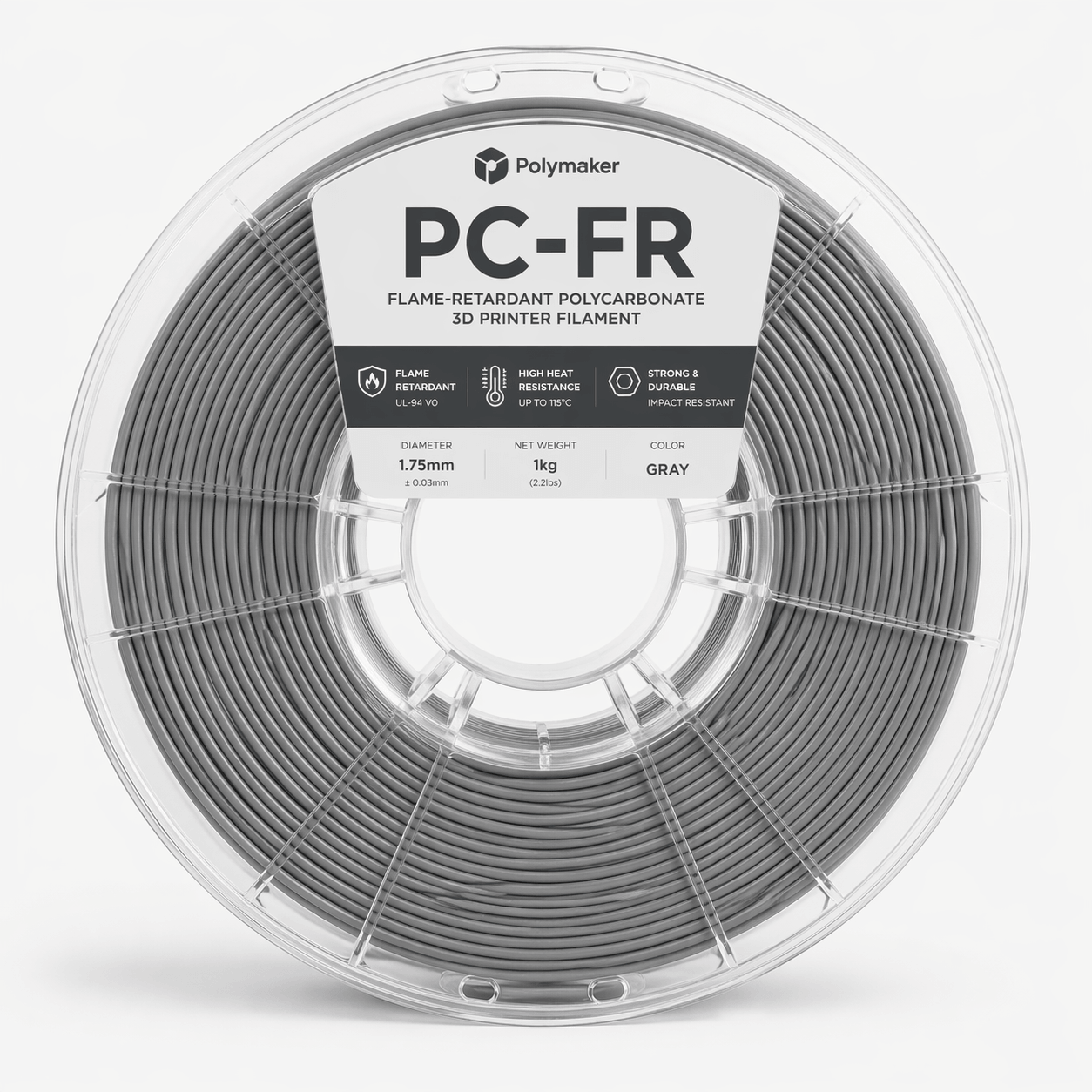 Filamento PF-FR grigio per stampa 3D, bobina di materiale ignifugo resistente al calore