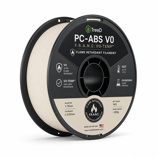 Bobina di filamento PC-ABS V0 TreeD Filaments F.R.A.N.C. VO-TEMP colore neutro naturale su sfondo bianco. Materiale tecnico certificato autoestinguente UL94 V0 per stampa 3D industriale, disponibile da 3DStockLab a Desio, vicino a Monza.